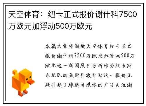 天空体育：纽卡正式报价谢什科7500万欧元加浮动500万欧元